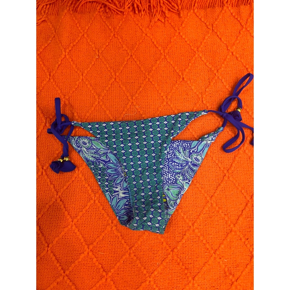 KikiRio Bikini Bottoms Women Medium Blue Reversible Good Tassel Side Tie Swim